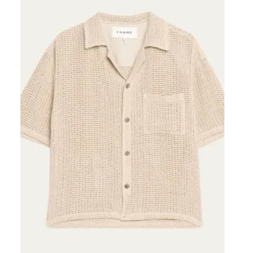 FRAME Linen Open Weave Short Sleeve Overshirt Beige Tan Size Small Relaxed Fit